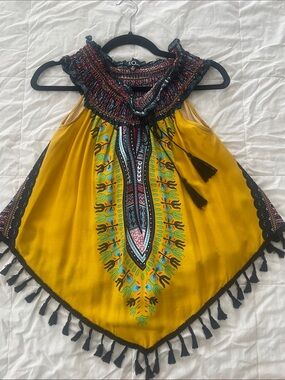 cleo Mustard Yellow Boho Tassel Tank Top